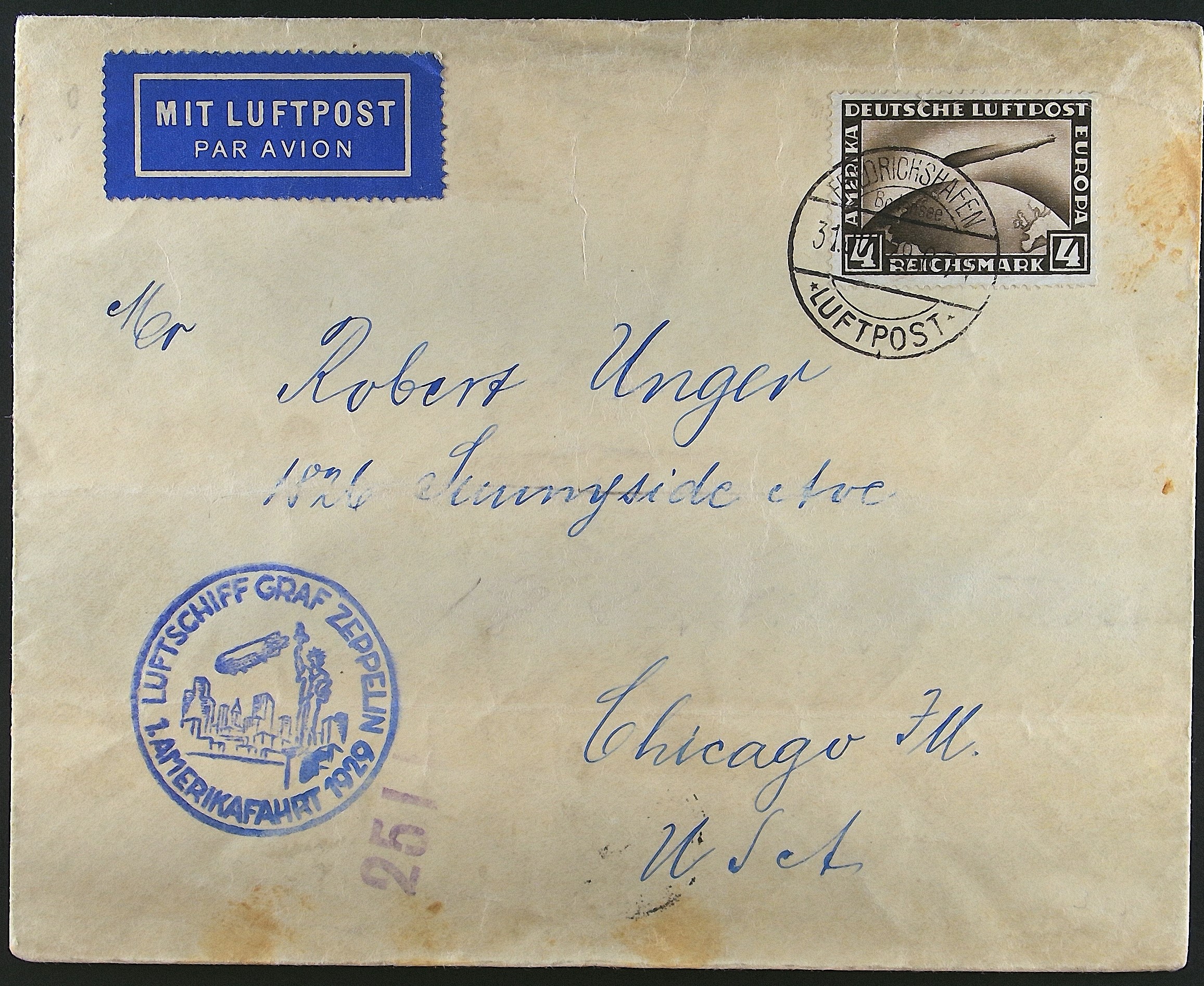 Rare 1929 Germany Zeppelin Airmail Cover with 4M Stamp